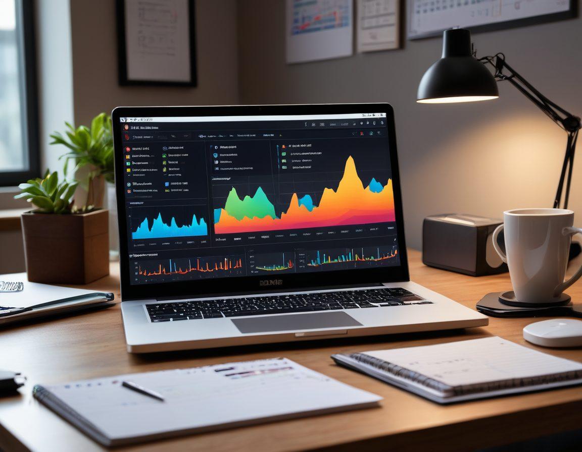 A professional-looking workspace featuring an open laptop displaying insightful graphs and reviews related to the BFXXX landscape. Surround this laptop with modern tech gadgets, notepads filled with notes, and a steaming coffee cup. The background should depict a sleek office setting with soft lighting, creating a productive atmosphere. Emphasize clarity and organization. super-realistic. vibrant colors. modern aesthetics.