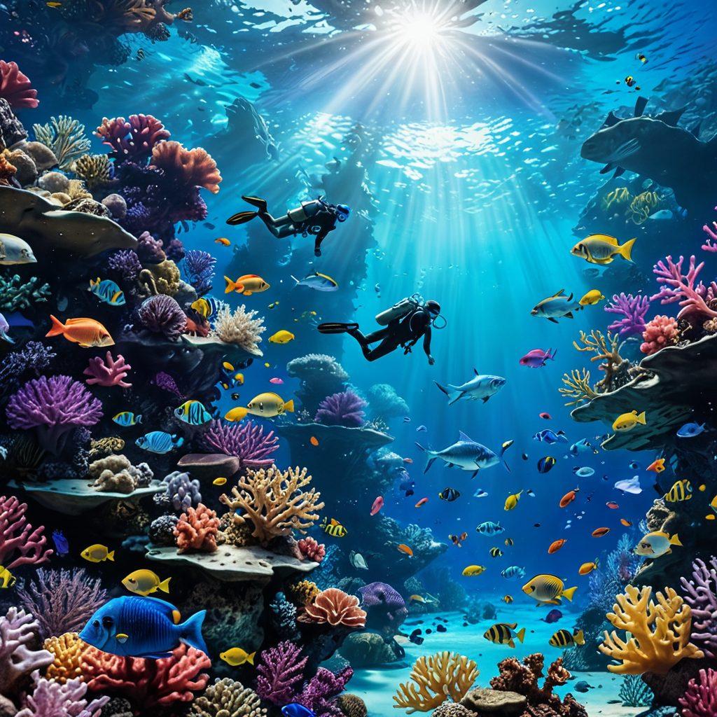 A vibrant underwater scene depicting diverse members of the BFXXX community engaged in various activities, surrounded by colorful coral reefs and fish. Include elements representing digital trends, like holographic gadgets and virtual reality interfaces, to symbolize insights and innovation. Use a bright blue color palette to evoke a sense of depth and exploration. super-realistic. vibrant colors. 3D.